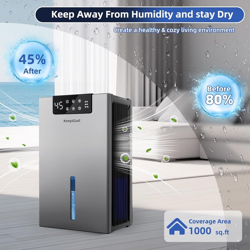 KeepGlad Dehumidifier, 98OZ Dehumidifiers for Home(1000sq.ft), Humidity Display Dehumidifier for Basement Bathroom Bedroom, Auto Shut Off, Washable Filter, Drain Hose, Timer, 7 Ambient Lights, Gray - Image 2